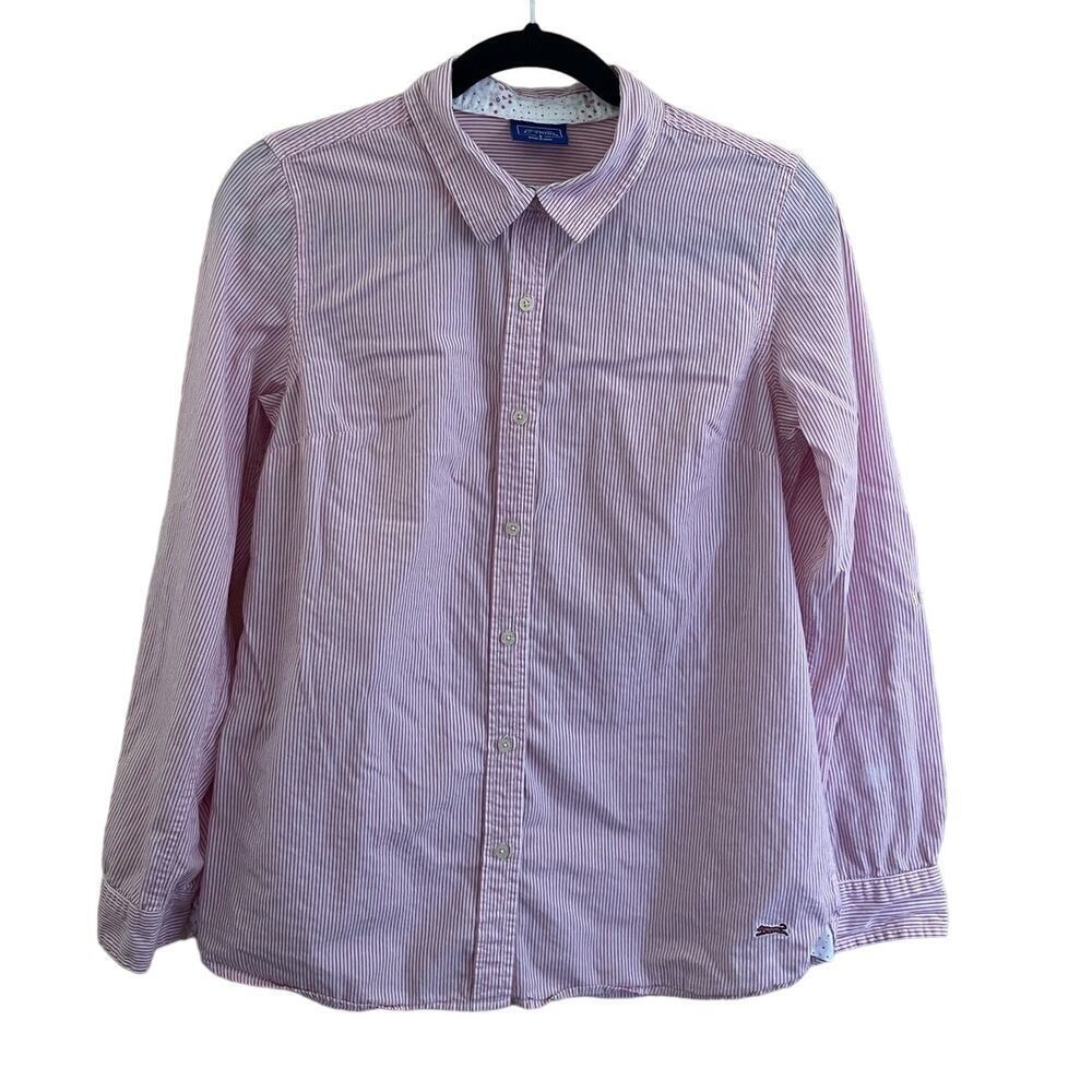 LE TIGRE WOMENS‎ BUTTON DOWN BLOUSE TOP SMALL STRIPED PINK WHITE PREPPY COTTON